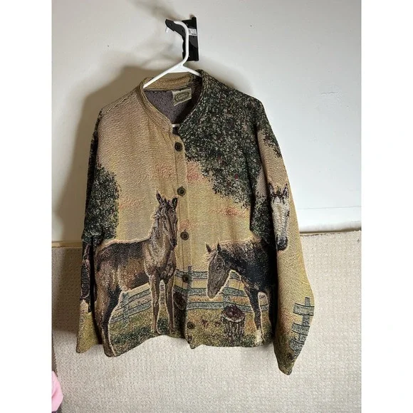 Sugar Street Weavers Vintage Cardigan Sweater XL Horse Tapestry EUC - Picture 1 of 16